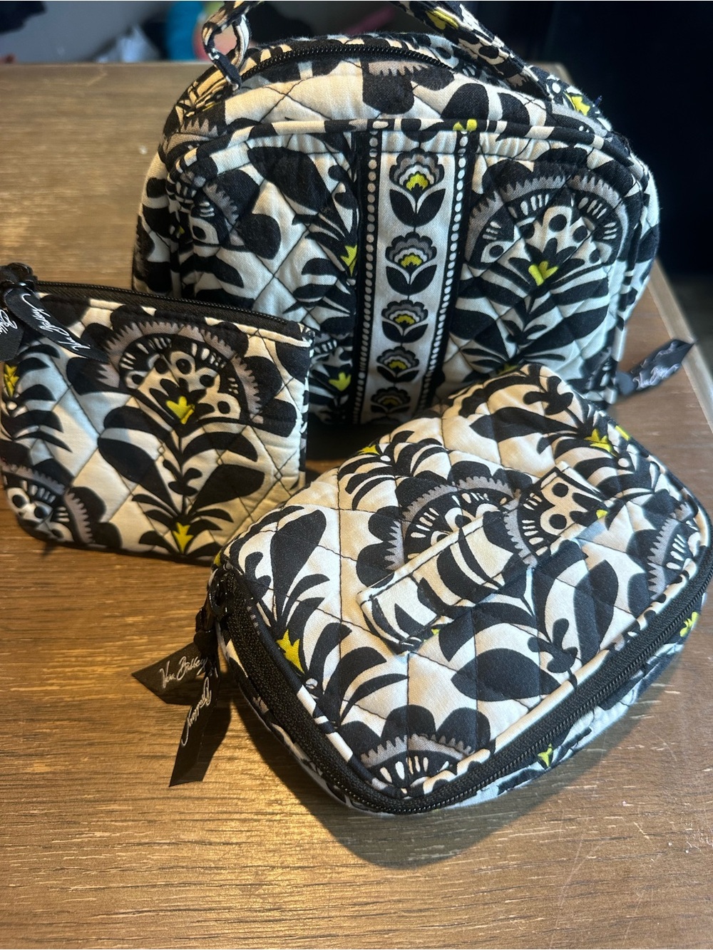 Vera Bradley Quilted Cotton Black, White, Yellow Fanfare Pattern Travel Bundle